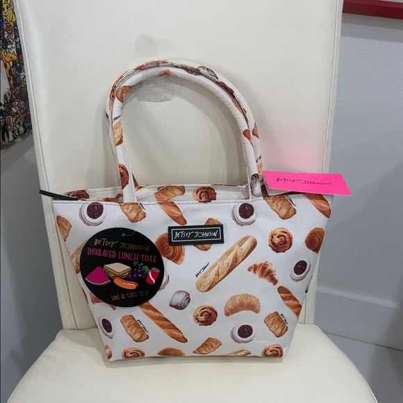 Betsey Johnson Handbags - Betsey Johnson White/Brown/ "Croissants/Jam/French Pastry Print Lunch Tote Bag